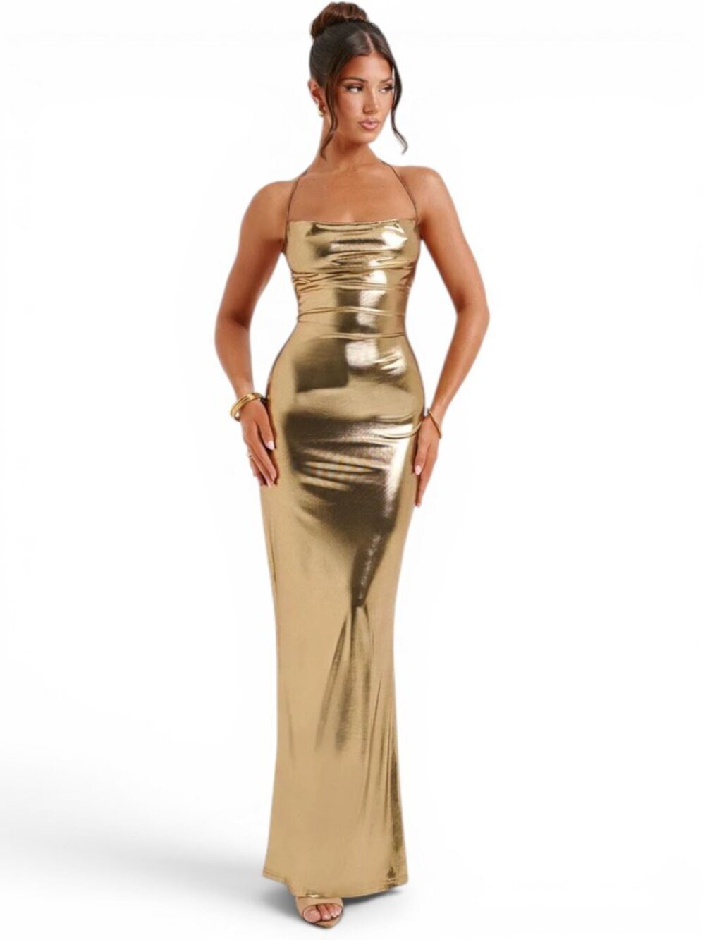 Babyboo Talisa Maxi Dress in Metallic Gold Jersey Low Back Draped Cowl Neck S